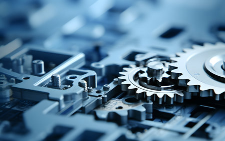 Close-up of electronic circuit board with cogwheels and gearsの素材