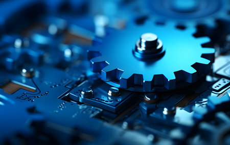 Close-up of electronic circuit board with gear. 3D renderingの素材