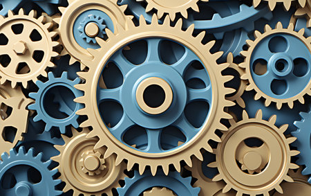 3d rendering of gears and cogwheels in blue tone backgroundの素材