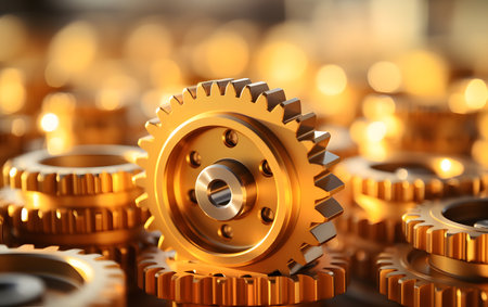 Golden gear wheels on bokeh background. 3d illustration.の素材