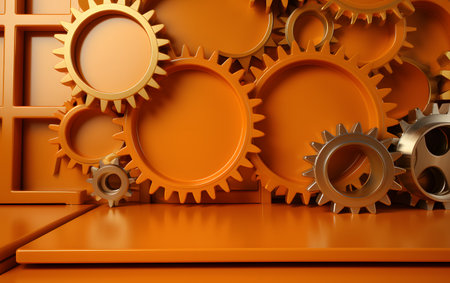 3d rendering of orange gears and cogwheels over orange backgroundの素材