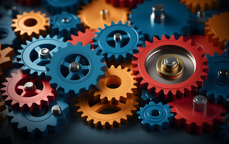 3d illustration of gears and cogs over dark background with selective focusの素材