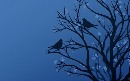 Silhouette of a tree with birds on a blue background.の素材