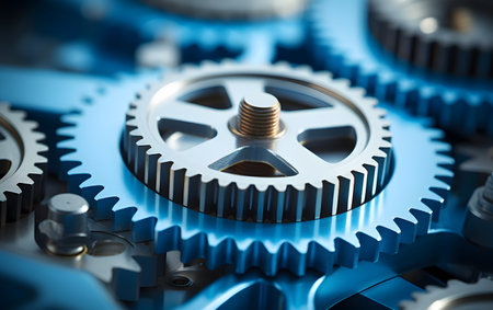 Close-up of gear wheels on blue background. 3D renderingの素材