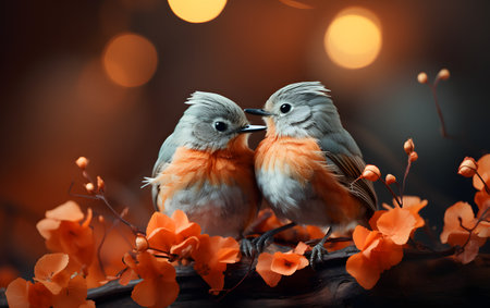 cute couple of birds sitting on branch with orange flowers in the backgroundの素材