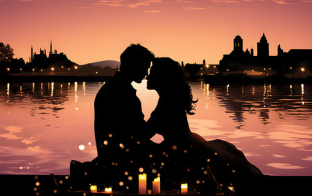 Silhouette of a loving couple on the background of the night cityの素材