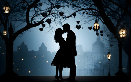 Silhouette of a young couple in love on a background of the winter cityの素材