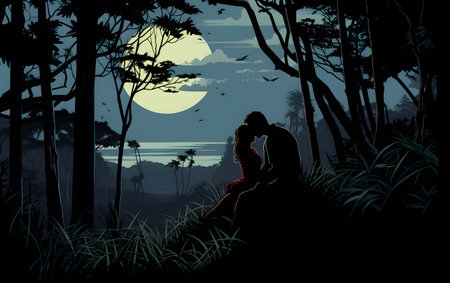 silhouette of romantic couple in love in the jungle at nightの素材