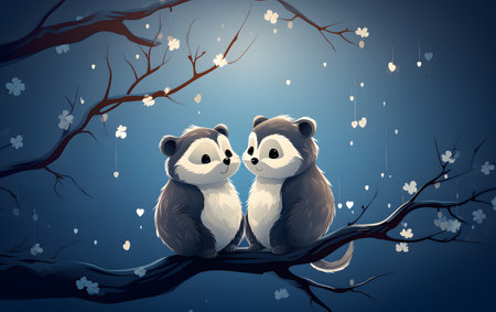 Two cute panda bear sit on a tree branch in the forest.の素材