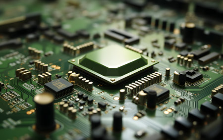 Close-up of electronic circuit board with processor. Technology background.の素材