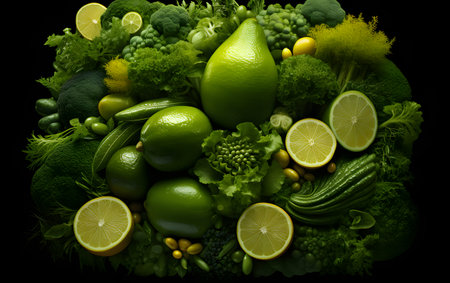 Fresh vegetables and fruits on black background. Healthy food concept. Top view.の素材