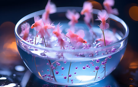 Small pink fish in a glass bowl with water on a dark backgroundの素材