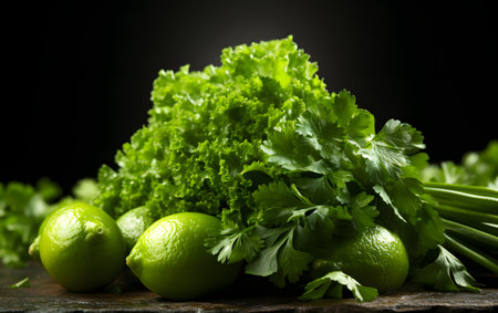 Fresh green salad with lime and parsley on a black background.の素材