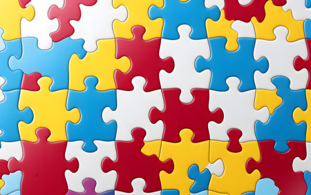Colorful puzzle pieces on white background. 3D rendering picture.の素材