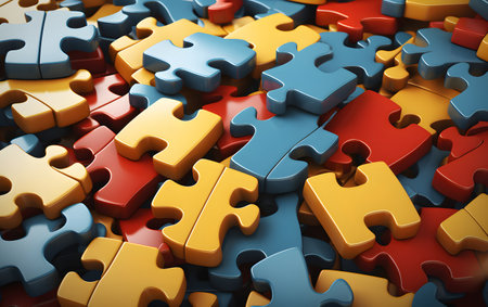 Puzzle pieces background. 3d illustration. Red, blue and yellowの素材