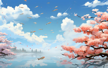 cherry blossom background. spring landscape with lake, sky and cloudsの素材