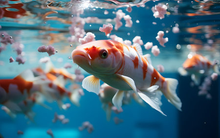 Beautiful goldfish swimming in the aquarium. Underwater photography.の素材