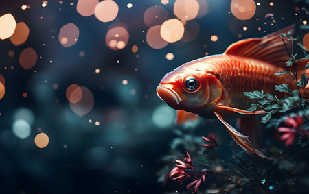 Goldfish in aquarium with bokeh lights. 3d renderingの素材