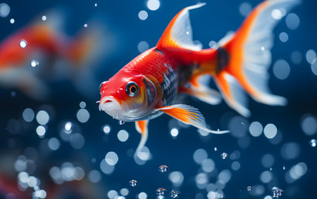 Goldfish swimming in the aquarium, close-up view with bokehの素材