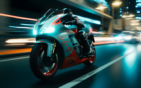 Motorcycle on the road at night with motion blur background. Concept of speed and motion.の素材