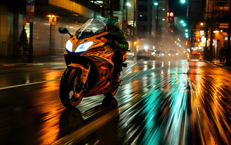 Motorcycle rider on the road in the city at night. motion blurの素材
