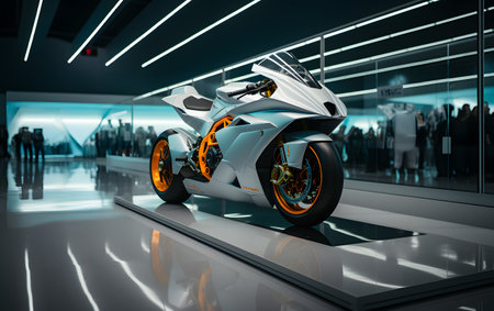 3d rendering of a white sport bike in the exhibition hall.の素材