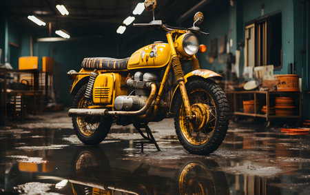 Old yellow motorcycle in the garage of an old factory. Motorcycle in the garage.の素材
