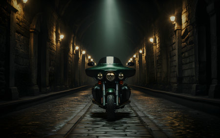 3D rendering of a dark road and a green vintage motorcycle at nightの素材