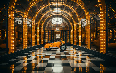 3d rendering of an orange scooter parked in a tunnel.の素材