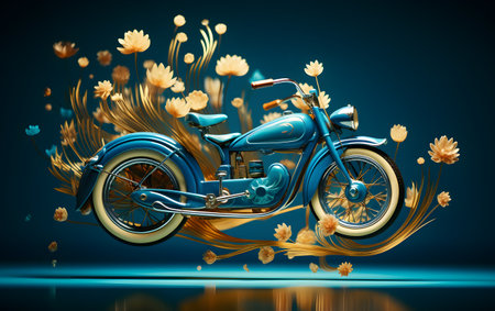 Retro motorcycle with yellow flowers on blue background. 3d renderingの素材
