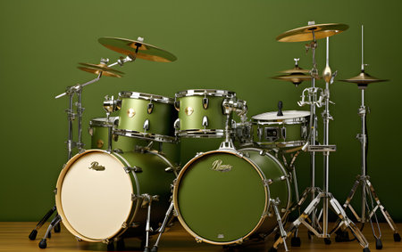 Drums set on a green background. 3d render picture.の素材