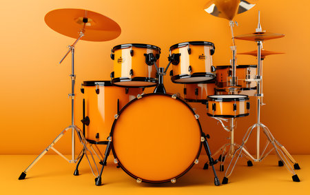 Drum kit on orange background. 3d render. music conceptの素材