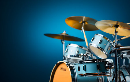 Drum set on blue background. Shallow depth of field.の素材