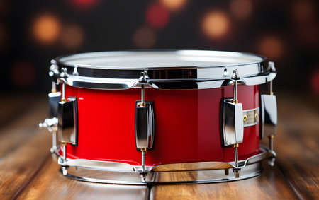 Drum kit on wooden table. Red drum kit on dark backgroundの素材