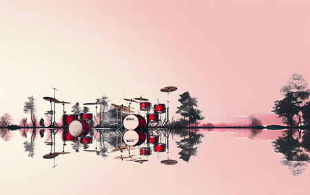 Drum set on a lake in the evening. 3d renderingの素材