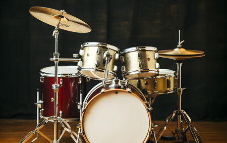 Drum set on a wooden table on a dark background. Selective focus.の素材