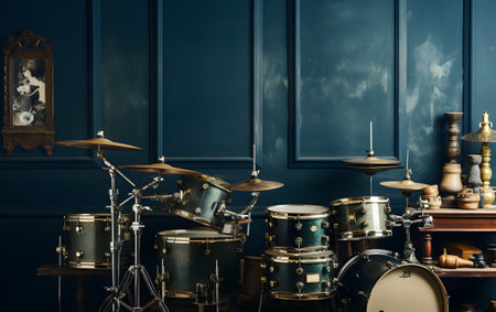 Drum kit in dark room with blue wall. Musical instruments.の素材