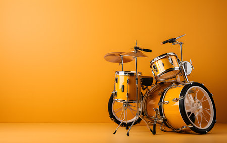 Drums on orange background. Musical instrument. Copy space for text.の素材