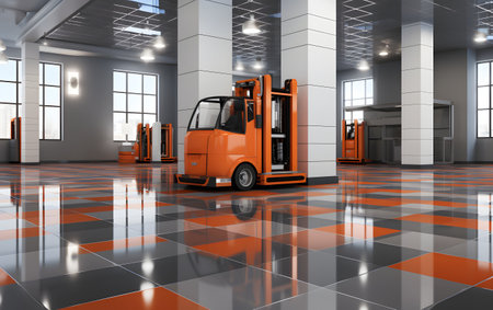 3d rendering of orange forklift in warehouse interior with tile floorの素材