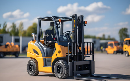 Forklift loader on the background of construction vehicles. industrial backgroundの素材