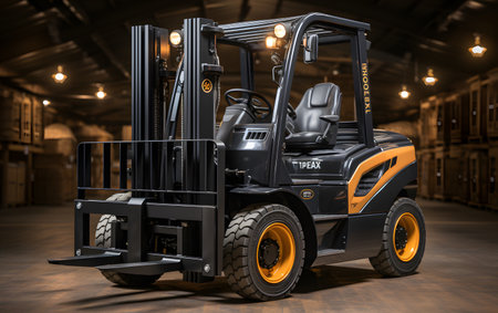 Forklift loader in warehouse. 3D rendering. Industrial background.の素材
