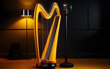 3d rendering of a classic harp on a black background.の素材