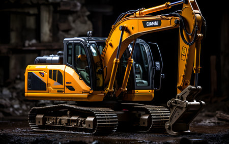excavator working at the construction site, closeup of photoの素材
