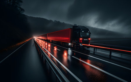 Truck on the highway at night with fog in the background.の素材