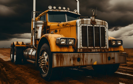 Truck on the road in the middle of the desert with storm cloudsの素材