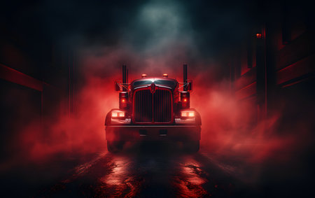 Truck on a dark foggy background. 3d rendering.の素材