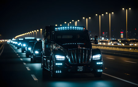 Truck on the highway at night with lights in the background.の素材