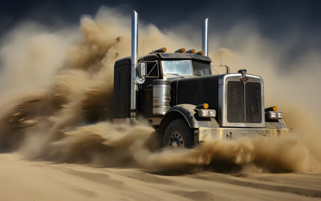 Truck in the sand with clouds of smoke. 3d renderingの素材