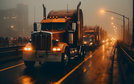 Truck on the road at night in the fog. Transportation and logistics concept.の素材