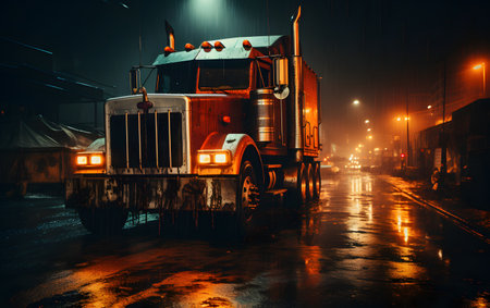 Truck on the road in the fog at night. Transportation and logistics concept.の素材